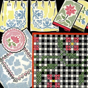 Broderie numérique à la main au point de croix pour carreaux Vichy 624 Cinq bordures de fleurs différentes PDF à téléchargement immédiat