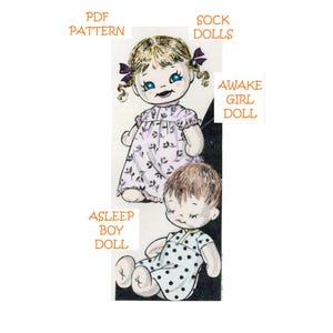 Old Fashion Asleep Awake Sock Doll patterns 736  Boy & Girl 12&quot; dolls - Printable PDF Download - made with Men&#39;s Socks - Clothes patterns