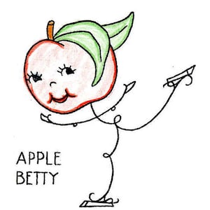 9707 Vintage Embroidery PATTERN  Apple Betty Animated Fruit for Tea Towels on the 40s in a Instant PDF download