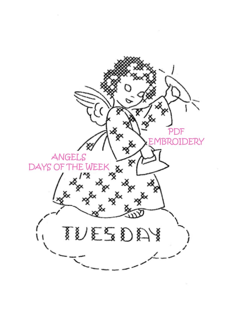 K&ouml;nnte beinhalten: Schwarzwei&szlig;es Kreuzstich-Stickmuster eines Engels, der ein Banner mit dem Wort "DIENSTAG" auf einer Wolke h&auml;lt. Das Muster tr&auml;gt den Titel "Angels Days of the Week" und ist f&uuml;r PDF-Stickerei bestimmt.