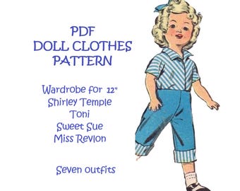 May include: PDF pattern for doll clothes. The pattern is for a 12 inch doll and includes seven outfits. The image shows a doll wearing a blue and white striped shirt and blue pants.