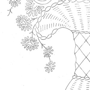 May include: A black and white line drawing of a basket of flowers. The basket is woven and has a handle. The flowers are stylized and include a large flower with petals and a center, and smaller flowers with multiple petals.