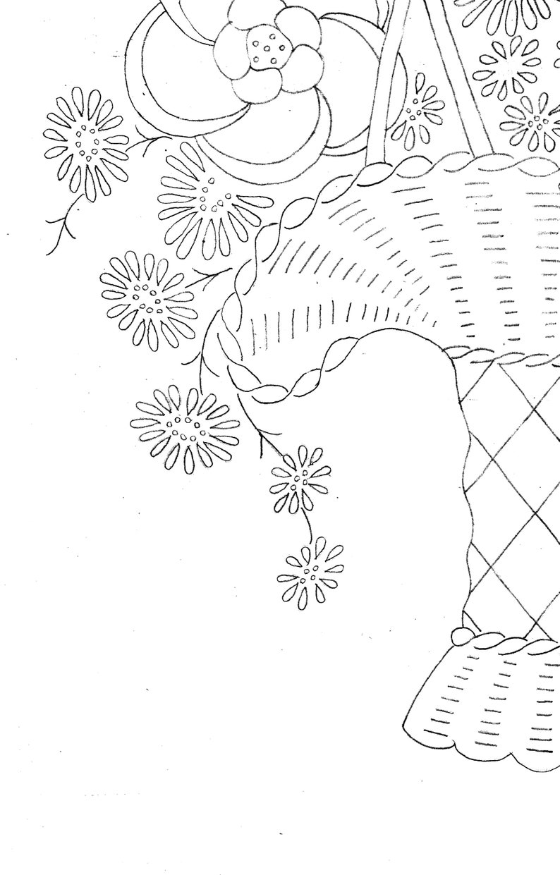 May include: A black and white line drawing of a basket of flowers. The basket is woven and has a handle. The flowers are stylized and include a large flower with petals and a center, and smaller flowers with multiple petals.