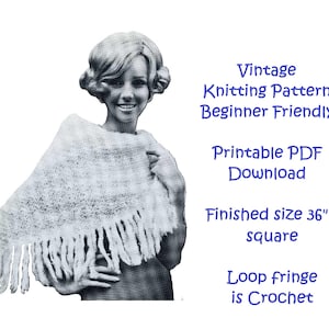 Vintage Strickmuster für Damen Boho Style Mohair Stola - Druckbare PDF Download - Anfängerfreundlich, quadratische Stola, Häkelschleife Fransen