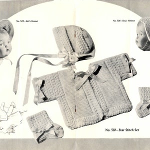 May include: A crochet baby set with a white knitted jacket, matching booties, and two bonnets. One bonnet is for a girl and the other is for a boy. The set is called "Star Stitch Set".