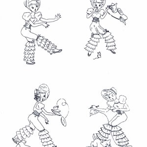 May include: Four black and white illustrations of women wearing ruffled pants and hats. Each woman is interacting with a small animal, such as a cat or a mouse.