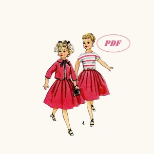 May include: A vintage sewing pattern for a doll dress. The pattern shows two dolls wearing a pink skirt and a striped top. The pattern is labelled "PDF".