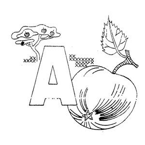 Puede incluir: Una ilustraci&oacute;n en blanco y negro de la letra A con una manzana estilizada y una hoja. La manzana tiene una flor en forma de estrella en el centro.