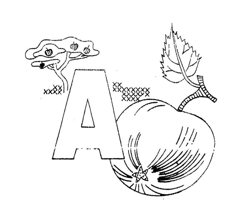 Puede incluir: Una ilustraci&oacute;n en blanco y negro de la letra A con una manzana estilizada y una hoja. La manzana tiene una flor en forma de estrella en el centro.