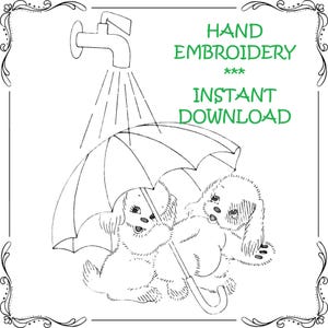 Digital Hand Embroidery Pattern Six Naughty Puppies for Kitchen towels Puppies Breaking dishes in the Rain with a towel Spilt Milk 7259