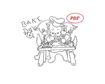 Vintage Hand Embroidery pattern 3341 Kittens for Dish Towels - Printable PDF Download - Bake day Sew day Wash Clean Market Iron Day too