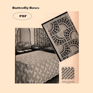 May include: A vintage PDF pattern titled "Butterfly Bows" featuring a crocheted bedspread design. The image shows a completed bedspread with a repeating fan-like pattern, along with diagrams for assembling the blocks. The background includes a bedroom setting.