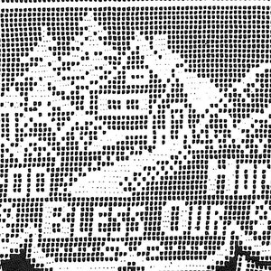 Può includere: Immagine pixelata in bianco e nero di un logo vintage con il testo "GOOD LUCK" in un font stilizzato.