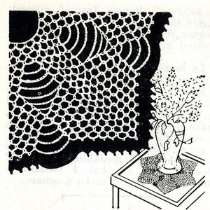 May include: A black and white illustration of a crocheted doily with a scalloped edge. The doily is on a table with a vase of flowers.