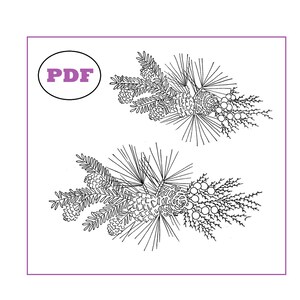 Puede incluir: Dos dibujos en blanco y negro de ramas de pino con piñas y bayas. Las ramas están dibujadas con un estilo detallado y realista.