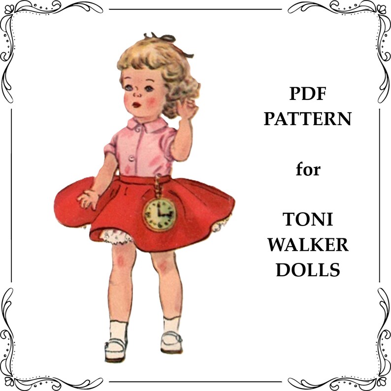 May include: A vintage-style illustration of a doll with blonde hair wearing a pink collared shirt and a red skirt with a pocket watch accessory. The text reads PDF PATTERN for TONI WALKER DOLLS. The image is framed by a decorative black border.