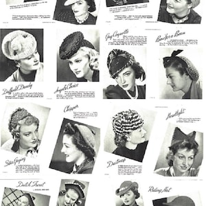 May include: A vintage magazine page featuring a collection of crocheted hats for women. Each hat is named with a descriptive title, such as "French Pastry", "Daffodil Dandy", and "Headlight". The hats are shown on models with different hairstyles and facial expressions.