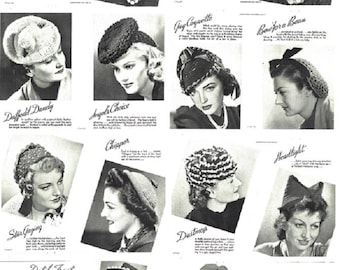 May include: A vintage magazine page featuring a collection of crocheted hats for women. Each hat is named with a descriptive title, such as "French Pastry", "Daffodil Dandy", and "Headlight". The hats are shown on models with different hairstyles and facial expressions.