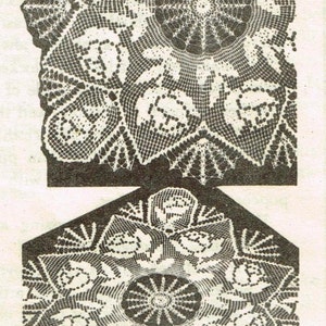 May include: A black and white image of a crocheted doily with a floral design. The doily is shown in two different views, one with the entire doily and the other with a close-up of the center.