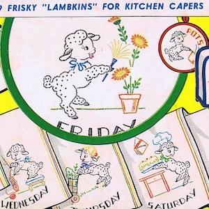 Digital Hand Embroidery pattern 252 Frisky Lambs for Days of the Week kitchen towels toaster cover hot pads tablecloths curtains aprons
