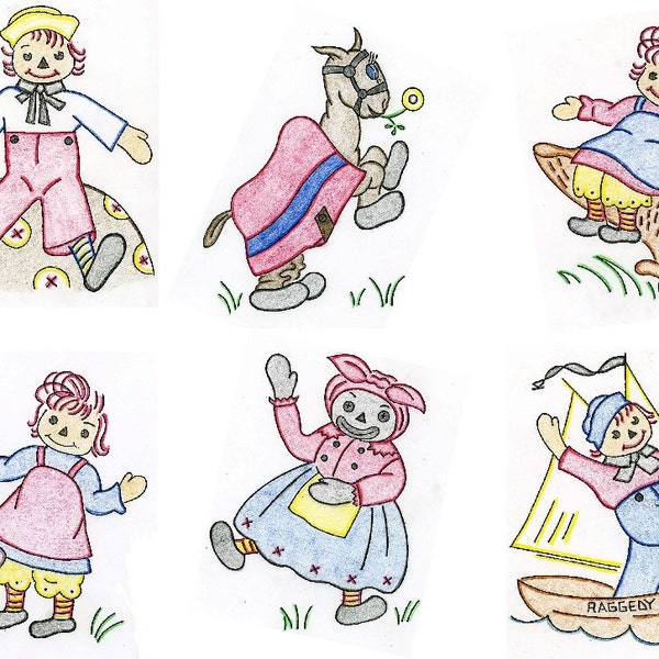 MODELLO 1063 Raggedy Ann e Andy per una trapunta vintage ricamata a mano degli anni '40 in PDF Download istantaneo