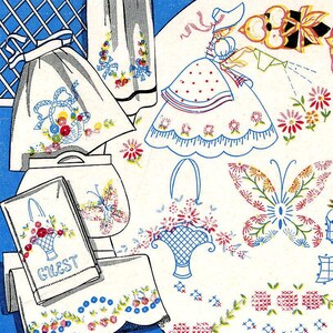 May include: A vintage embroidery pattern sheet with various designs, including a girl in a dress, a butterfly, a basket of flowers, and a towel with the word "GUEST" embroidered on it.