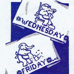 May include: A quirky illustration in blue line art depicts an elephant engaged in different activities, each associated with a day of the week. The days of the week are Monday, Wednesday, Friday, and Thursday.