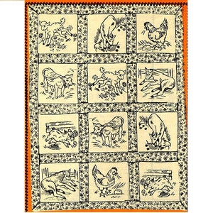 May include: A black and white illustration of a quilt block with nine squares. Each square features a different farm animal, including a cow, a chicken, a pig, and a lamb. The animals are drawn in a simple, cartoon style.