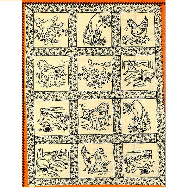 Digital Baby Farm Animal Quit PATTERN 7429 Broderie à la main 35 x 46 pouces Infant Quilt Cheval Vache Poulet Agneau Chèvre Cochon Fichier PDF