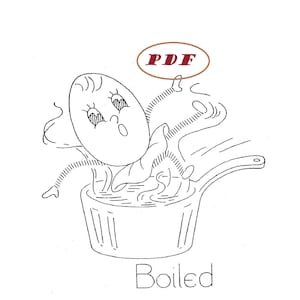 May include: A black and white line drawing of an egg with a face, boiling in a pot with steam coming out of the top. The egg is smiling and has its arms up in the air. The word "PDF" is written in a circle above the egg. The word "Boiled" is written below the pot.