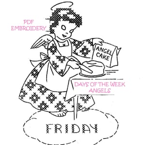 K&ouml;nnte beinhalten: Schwarz-wei&szlig;-Linienzeichnung eines Engels, der einen Kuchen backt. Der Engel tr&auml;gt ein Kleid und eine Sch&uuml;rze und h&auml;lt eine T&uuml;te "Angel Cake"-Mix in der Hand. Der Engel steht auf einer Wolke mit dem Wort "FRIDAY" darauf. Der Text "DAYS OF THE WEEK ANGELS" steht unter dem Engel.