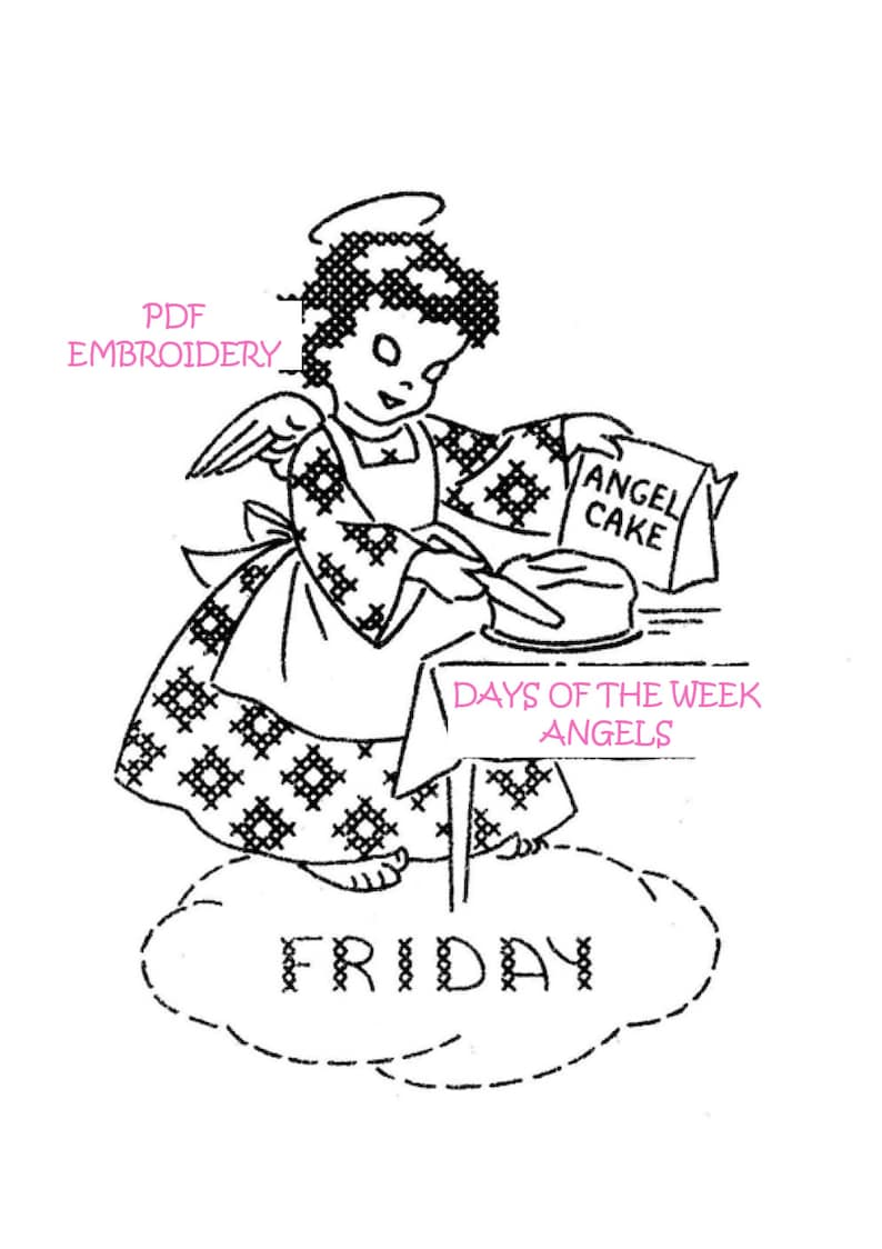 K&ouml;nnte beinhalten: Schwarz-wei&szlig;-Linienzeichnung eines Engels, der einen Kuchen backt. Der Engel tr&auml;gt ein Kleid und eine Sch&uuml;rze und h&auml;lt eine T&uuml;te "Angel Cake"-Mix in der Hand. Der Engel steht auf einer Wolke mit dem Wort "FRIDAY" darauf. Der Text "DAYS OF THE WEEK ANGELS" steht unter dem Engel.