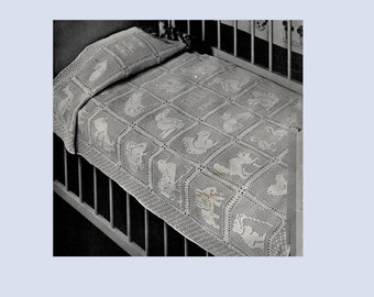 Vintage Crochet PATTERN Infant / Baby Crib Cover Animals ABC's Filet Crochet 46" x 58" Digital PDF instant download 1940's