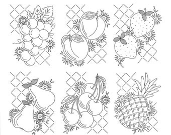 Fruit & Lattice for Kitchen Dish Towels 774 Vintage Hand Embroidery  Strawberry Peach Cherry Pineapple Grapes PDF instant download