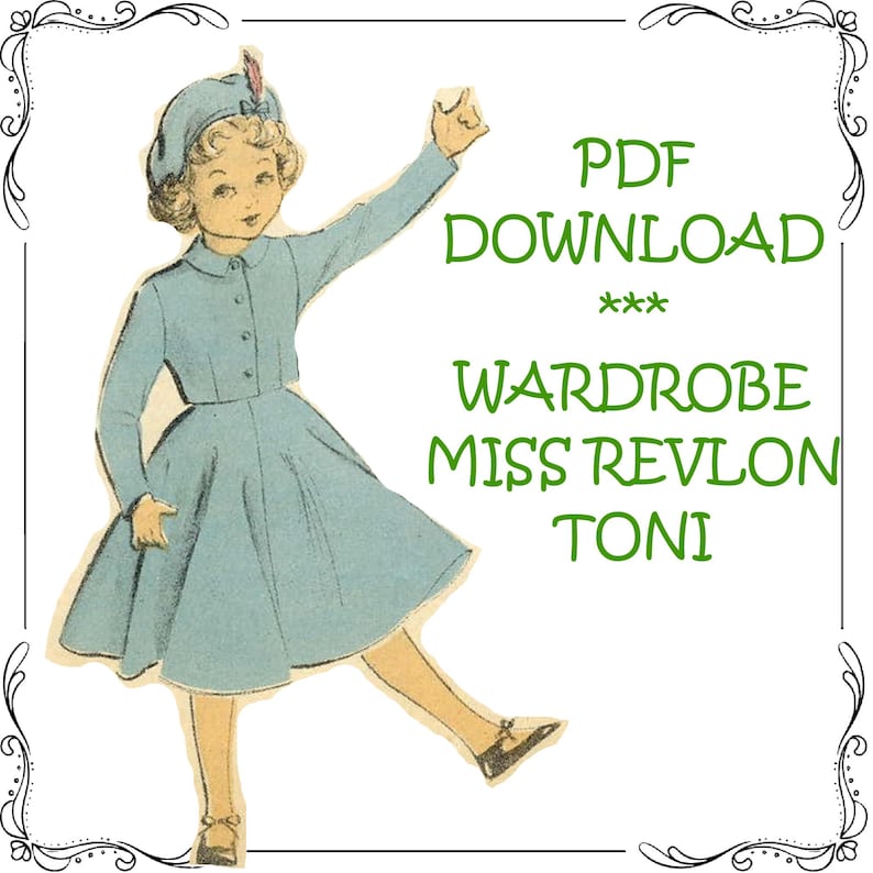 May include: A PDF download for a wardrobe pattern called "Wardrobe Miss Revlon Toni". The image shows a girl wearing a blue dress and a blue beret.