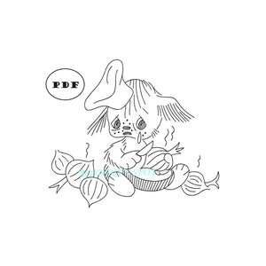 May include: A black and white line drawing of a cartoon character with a large hat and a sad expression. The character is surrounded by onions.