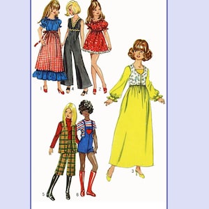 Puede incluir: Ilustración de seis diseños de moda vintage. Los diseños incluyen una blusa azul con una falda a cuadros roja y blanca, un mono negro, un vestido rojo, un vestido amarillo, un traje de pantalón a cuadros y un peto azul.