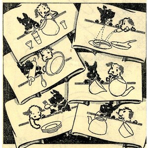 Vintage hand embroidery pattern Dogs doing household chores. Cross stitch Scotty dog for dish towels.