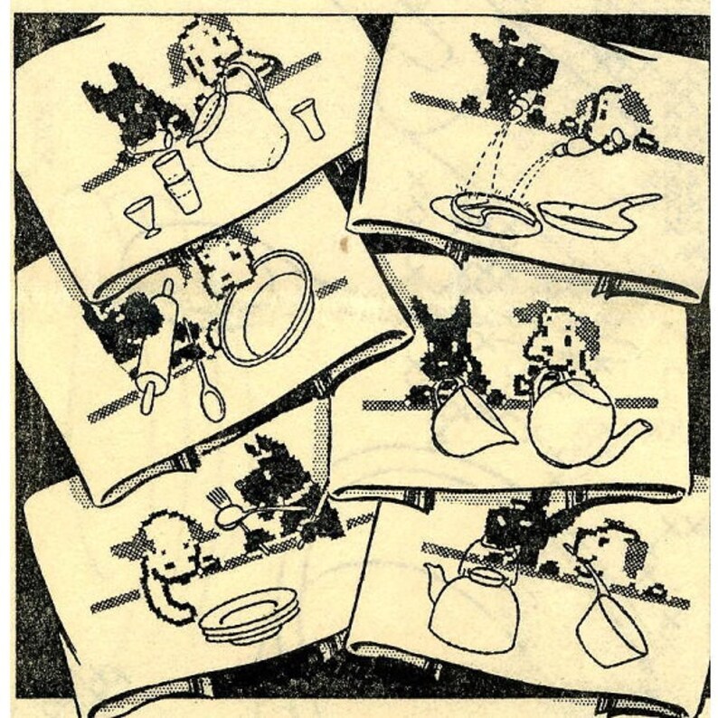 Vintage hand embroidery pattern Dogs doing household chores. Cross stitch Scotty dog for dish towels.