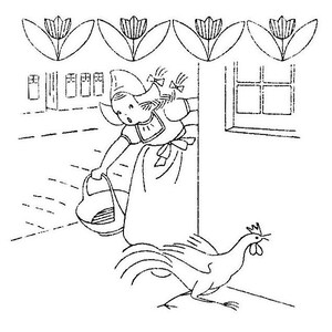 May include: A black and white line drawing of a girl in a dress and bonnet holding a basket. She is looking out a window. A rooster is running away from her.