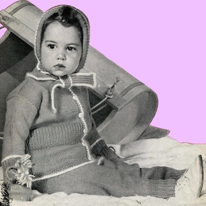 Knit & Crochet Snowsuit PATTERN no 500 Sweater Leggings Bonnet Mittens Toddlers sizes 1 to 2 1940s PDF file instant download