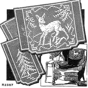 Digital Vintage Crochet Pattern 2387 Chair Set Filet Crochet Deer in Fur Trees  Instant PDF Download 1950s