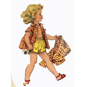 May include: A young girl wearing a red and yellow plaid shirt and matching shorts. She is holding a pair of binoculars and has a playful expression on her face.