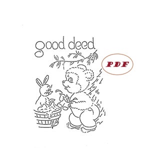 May include: A black and white line drawing of a bear giving a basket of fruit to a rabbit. The text "good deed" is above the image.