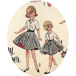 May include: Two girls wearing white shirts and black and white plaid skirts with red trim. The girl on the left is wearing black shoes and the girl on the right is wearing white socks and black shoes. The girl on the right is holding a blue and white object.
