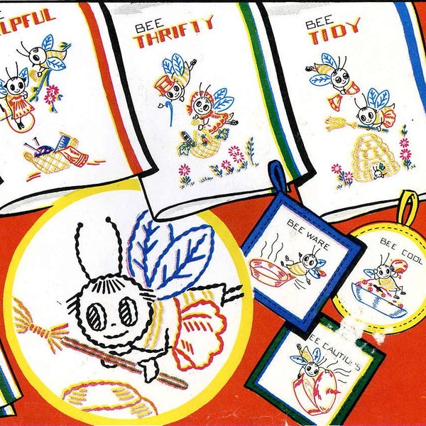 293 Bee Smart for Kitchen Towels PDF Hand Embroidery Pattern Busy Bees in the Kitchen 1940s