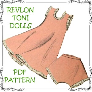 May include: A PDF pattern for a pink dress and bloomers for Toni dolls. The pattern is for a Revlon Toni doll. The dress and bloomers have lace trim.