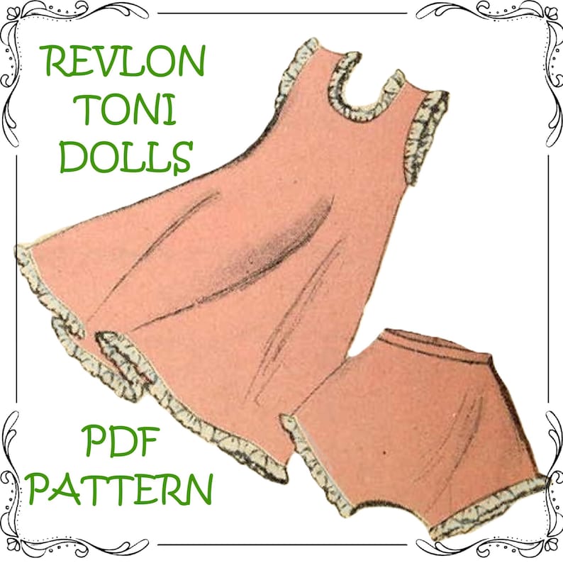May include: A PDF pattern for a pink dress and bloomers for Toni dolls. The pattern is for a Revlon Toni doll. The dress and bloomers have lace trim.