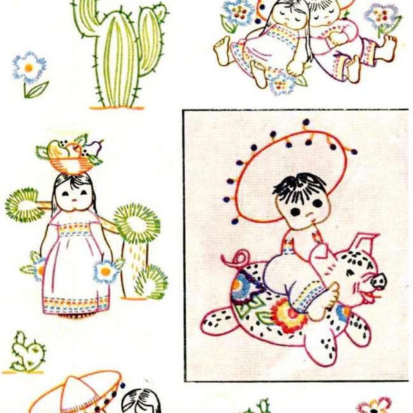 Digital Hand Embroidery Pattern 7119 Mexican Tots for Child's clothing towels quilt top 1940s
