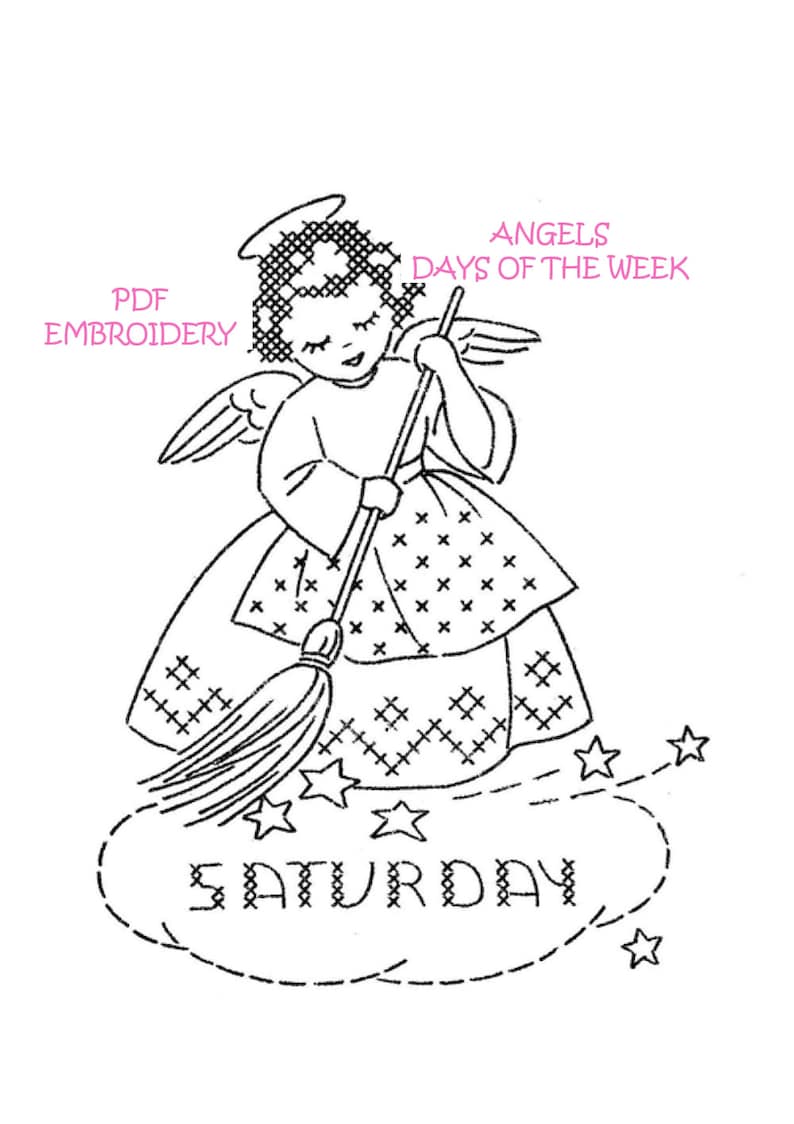 Charmante Vintage Wochenstickerei Designs - Wochentage Engel für Geschirrhandtücher - Druckbare PDF zum Downloaden Bild 6